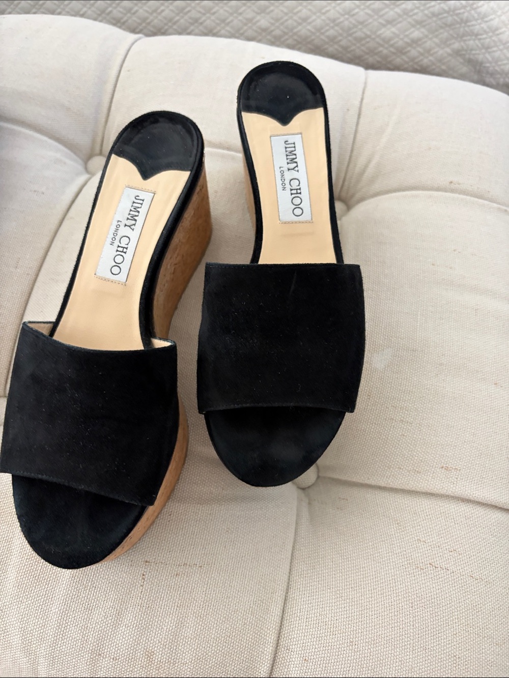 Jimmy Choo Black Suede Cork Wedge Slides